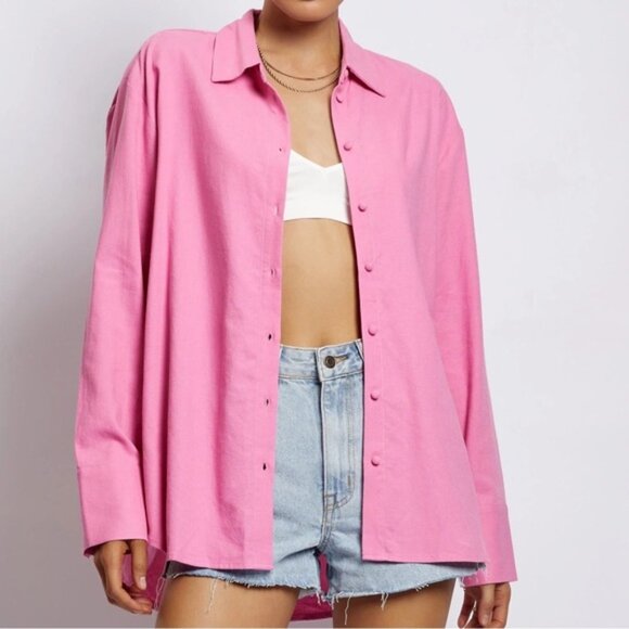 Meshki Orphelia Linen Button Up Shirt in Candy Pink Small - Picture 1 of 4